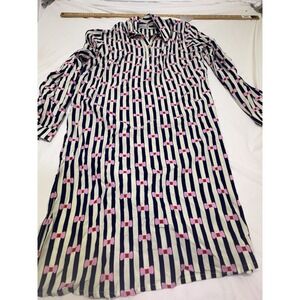 Shirt Dress Long Sleeve Pink Bow Tie Size XL Stripes Blue And White Slits Long